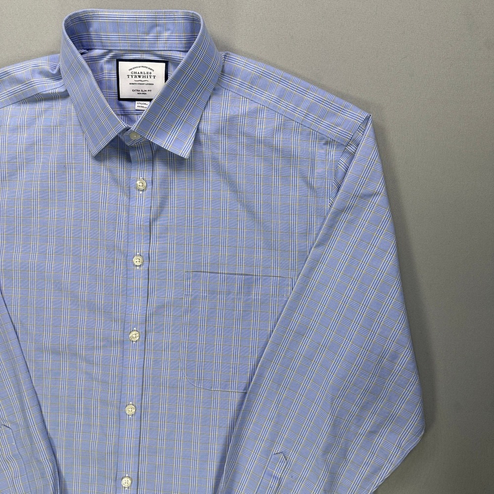 Charles Tyrwhitt Dress Shirt Mens 17.5 34 Extra Slim Fit Non Iron Blue Plaid